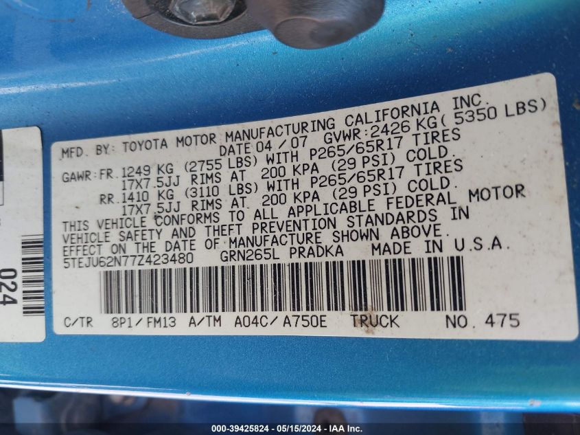 2007 Toyota Tacoma Prerunner V6 VIN: 5TEJU62N77Z423480 Lot: 39425824