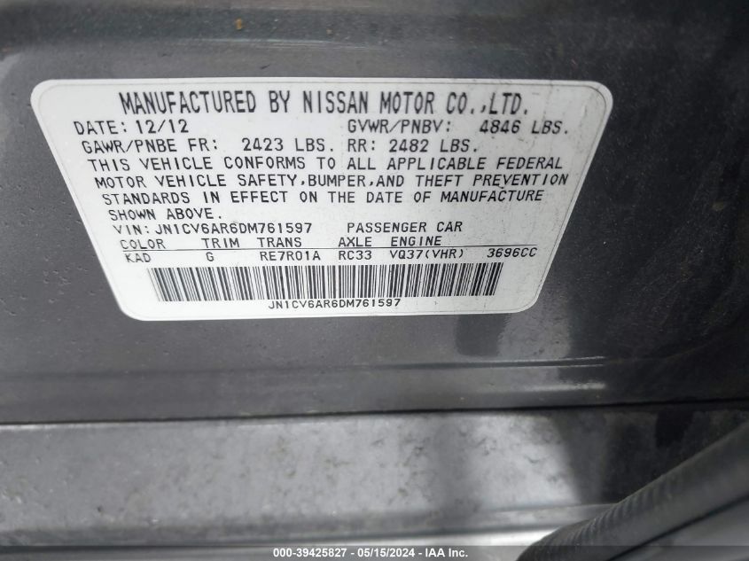 2013 Infiniti G37X VIN: JN1CV6AR6DM761597 Lot: 39425827