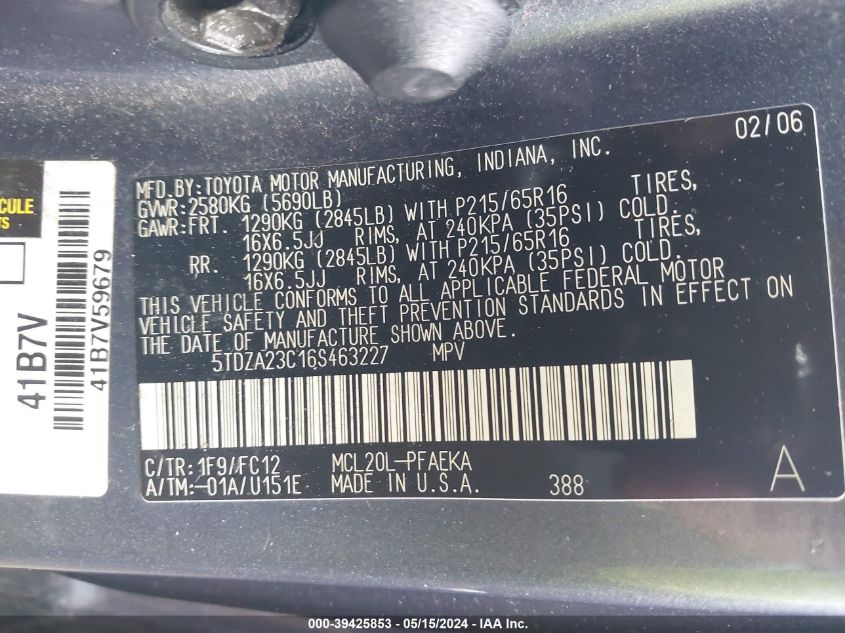 2006 Toyota Sienna Le VIN: 5TDZA23C16S463227 Lot: 39425853