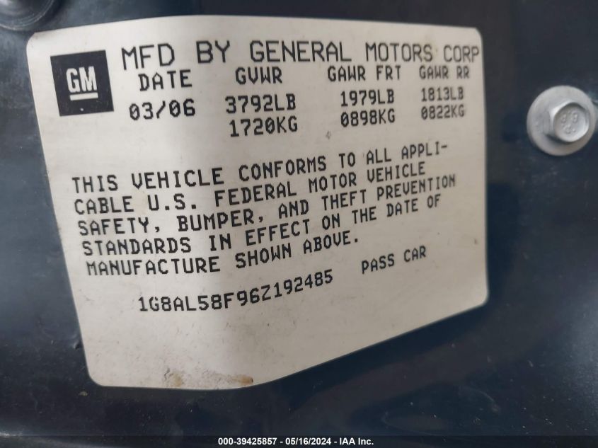 2006 Saturn Ion 3 VIN: 1G8AL58F96Z192485 Lot: 39425857