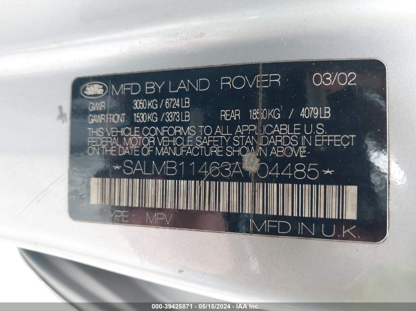 2003 Land Rover Range Rover Hse VIN: SALMB11463A104485 Lot: 39425871