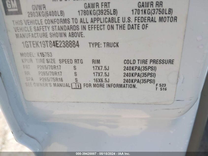 2004 GMC Sierra 1500 Slt VIN: 1GTEK19T84E238884 Lot: 39425887