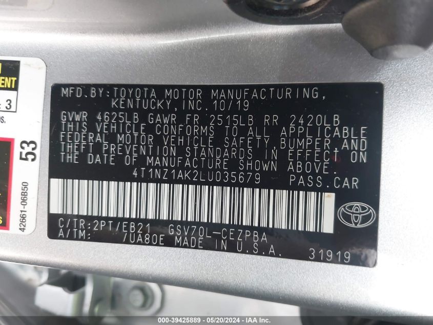2020 Toyota Camry Trd VIN: 4T1NZ1AK2LU035679 Lot: 39425889