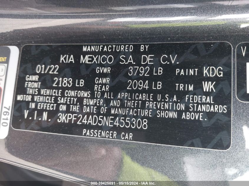 2022 Kia Forte Lxs VIN: 3KPF24AD5NE455308 Lot: 39425891