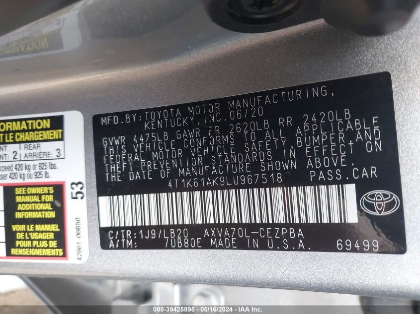 2020 Toyota Camry Xse VIN: 4T1K61AK9LU967518 Lot: 39425895
