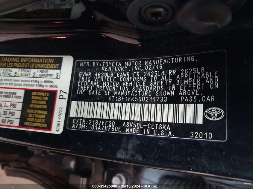 2016 Toyota Camry Se VIN: 4T1BF1FK5G211733 Lot: 39425900