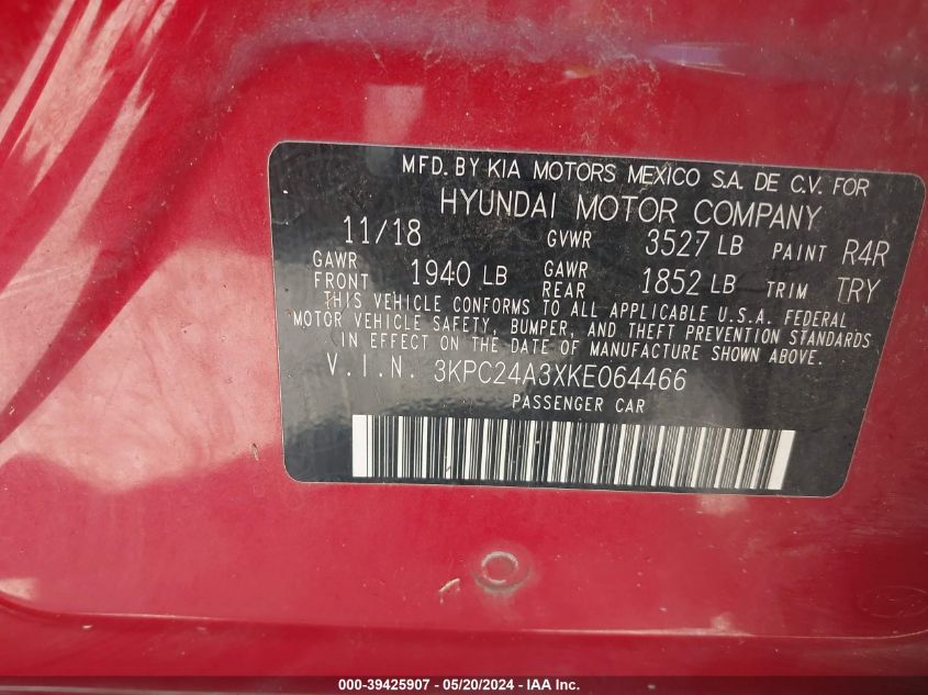 2019 Hyundai Accent Se VIN: 3KPC24A3XKE064466 Lot: 39425907