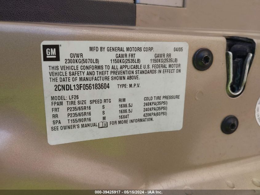 2005 Chevrolet Equinox Ls VIN: 2CNDL13F056183604 Lot: 39425917
