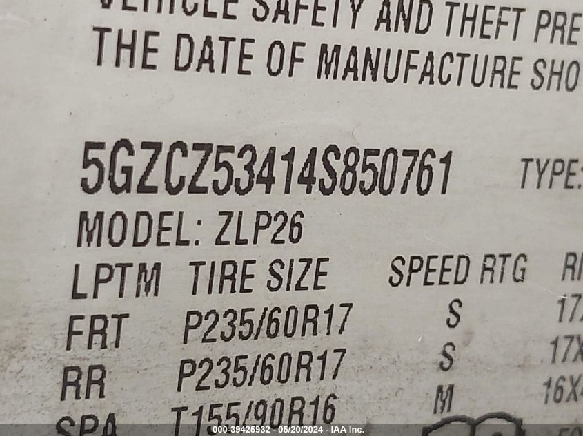 2004 Saturn Vue V6 VIN: 5GZCZ53414S850761 Lot: 39425932