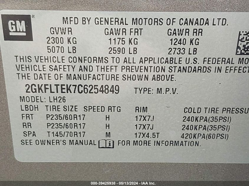 2012 GMC Terrain Sle-2 VIN: 2GKFLTEK7C6254849 Lot: 39425938