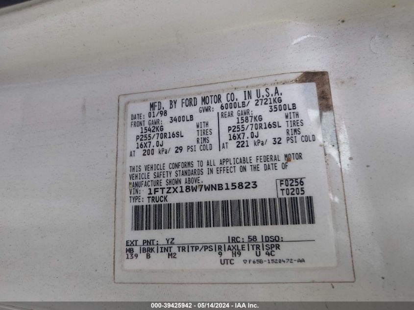 1998 Ford F-150 Lariat/Standard/Xl/Xlt VIN: 1FTZX18W7WNB15823 Lot: 39425942