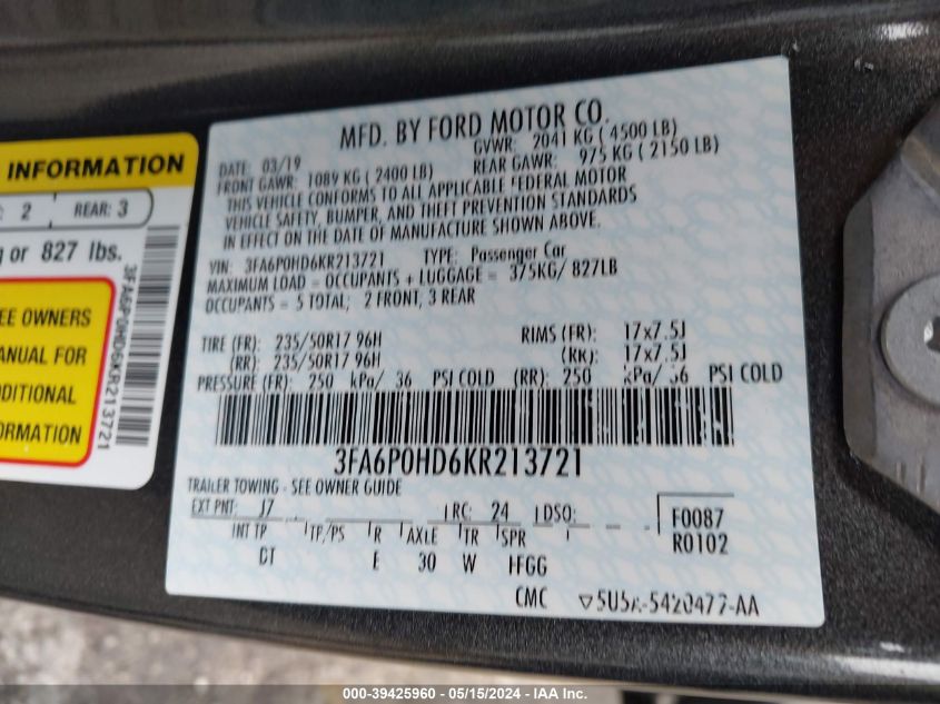 2019 FORD FUSION SE - 3FA6P0HD6KR213721