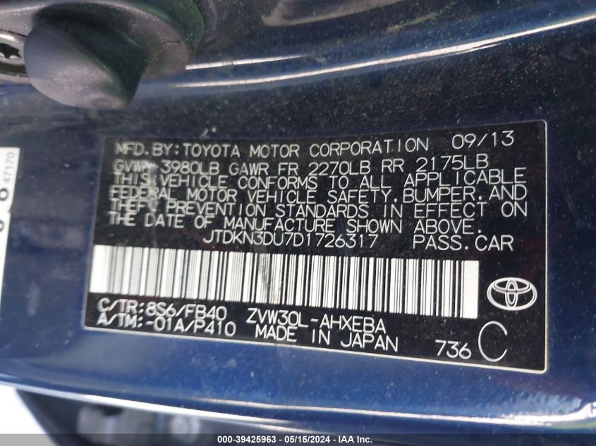 2013 Toyota Prius Two VIN: JTDKN3DU7D1726317 Lot: 39425963