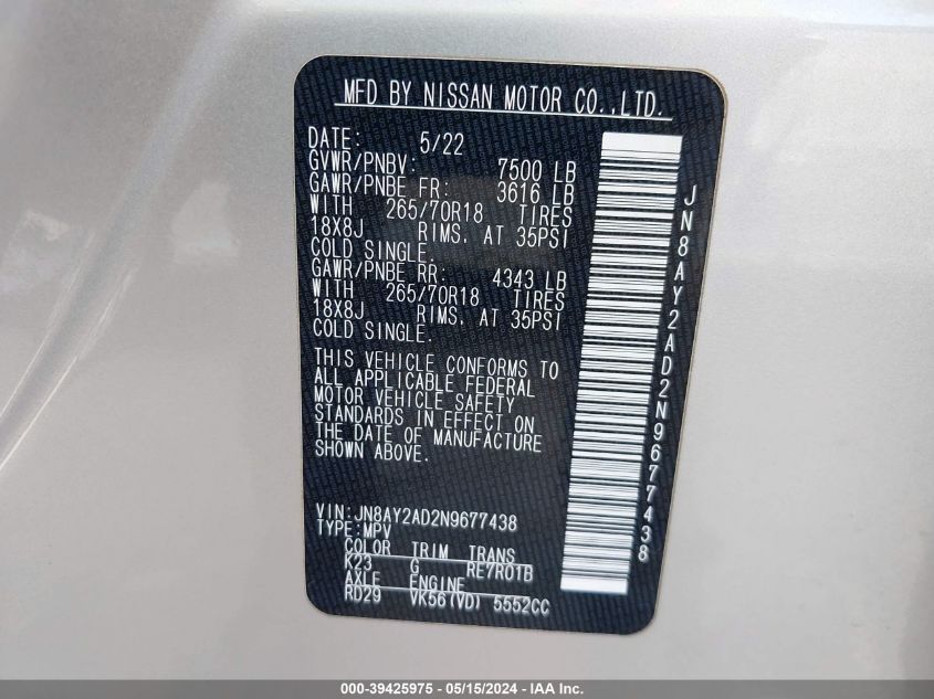 JN8AY2AD2N9677438 2022 Nissan Armada Sv 4Wd