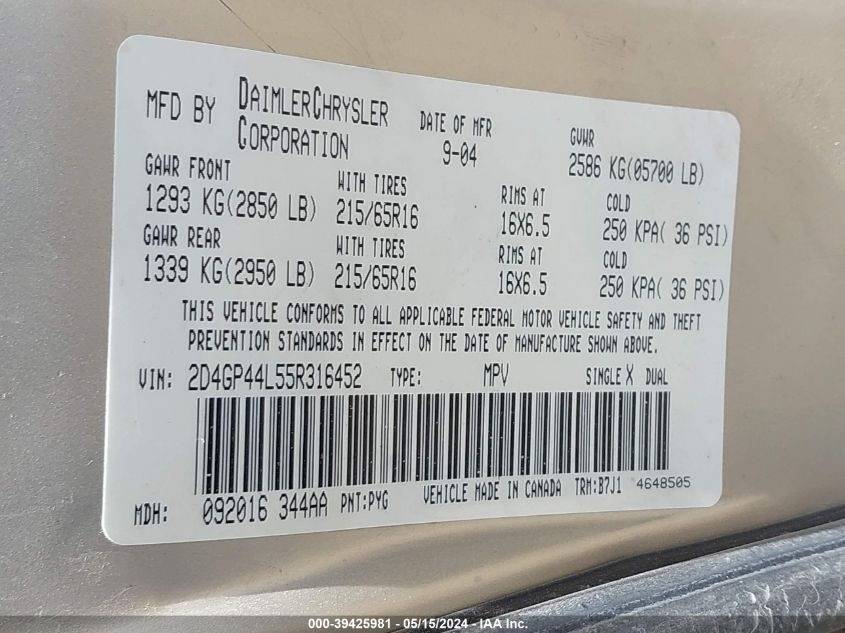 2005 Dodge Grand Caravan Sxt VIN: 2D4GP44L55R316452 Lot: 39425981