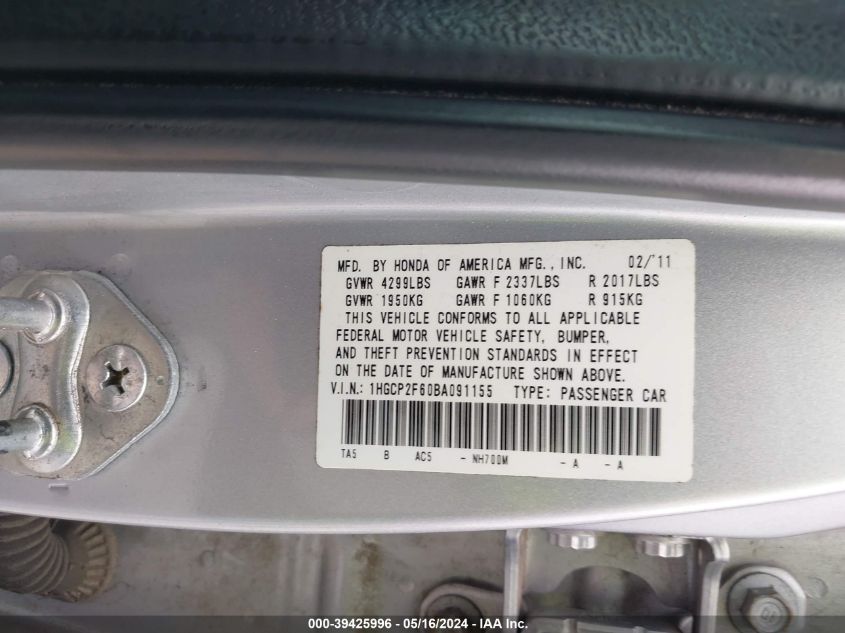2011 Honda Accord 2.4 Se VIN: 1HGCP2F60BA091155 Lot: 39425996