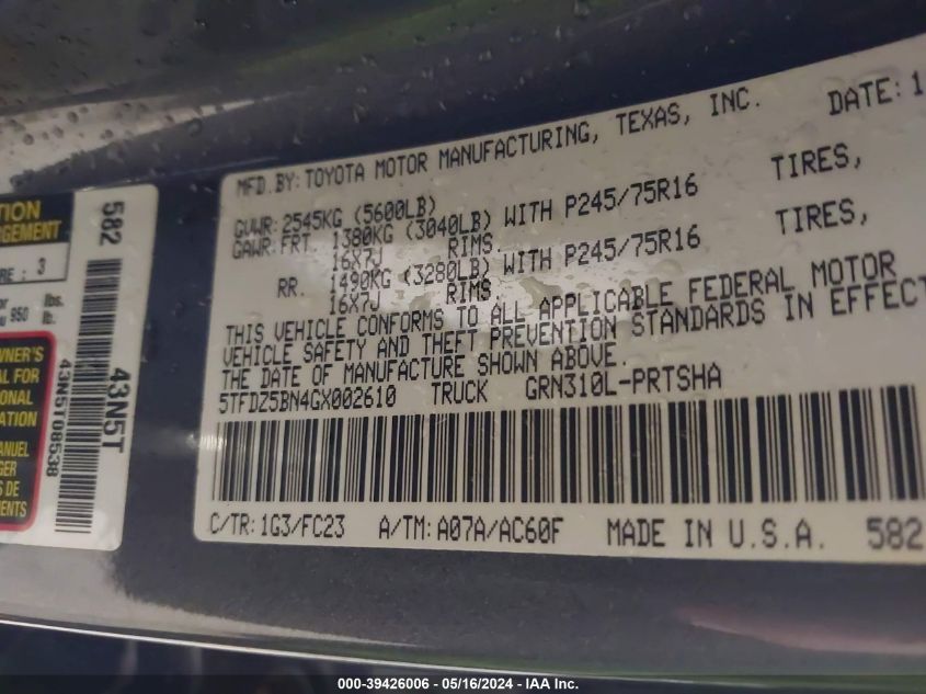 2016 Toyota Tacoma Sr5 V6 VIN: 5TFDZ5BN4GX002610 Lot: 39426006