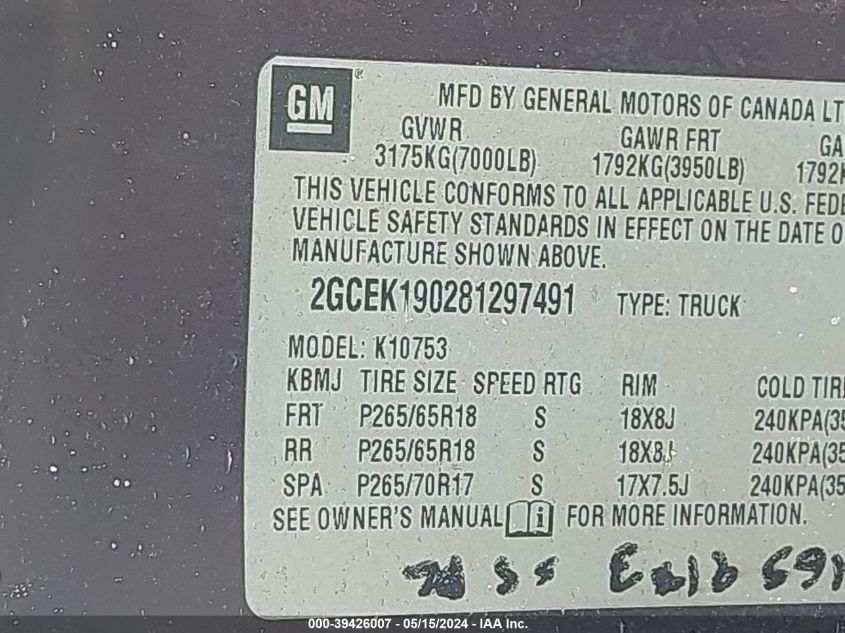 2008 Chevrolet Silverado 1500 Lt1 VIN: 2GCEK190281297491 Lot: 39426007