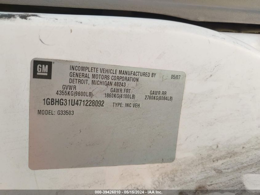 2007 Chevrolet Express Cutaway Work Van VIN: 1GBHG31U471228092 Lot: 39426010