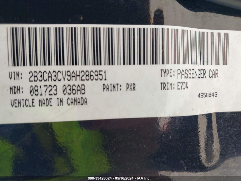2010 Dodge Charger Sxt VIN: 2B3CA3CV9AH286951 Lot: 39426024