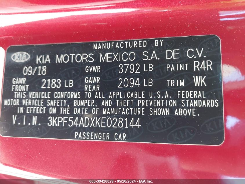 2019 Kia Forte Ex VIN: 3KPF54ADXKE028144 Lot: 39426029