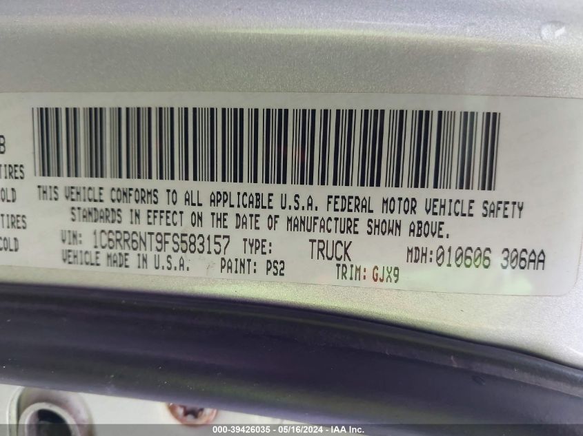 2015 Ram 1500 Laramie VIN: 1C6RR6NT9FS583157 Lot: 39426035