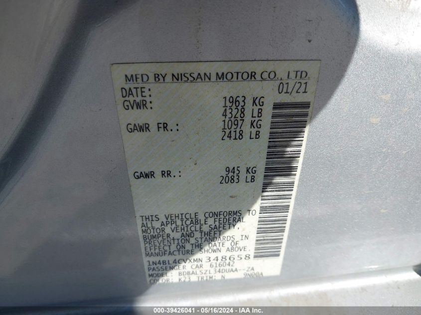 2021 Nissan Altima Sr Fwd VIN: 1N4BL4CVXMN348658 Lot: 39426041