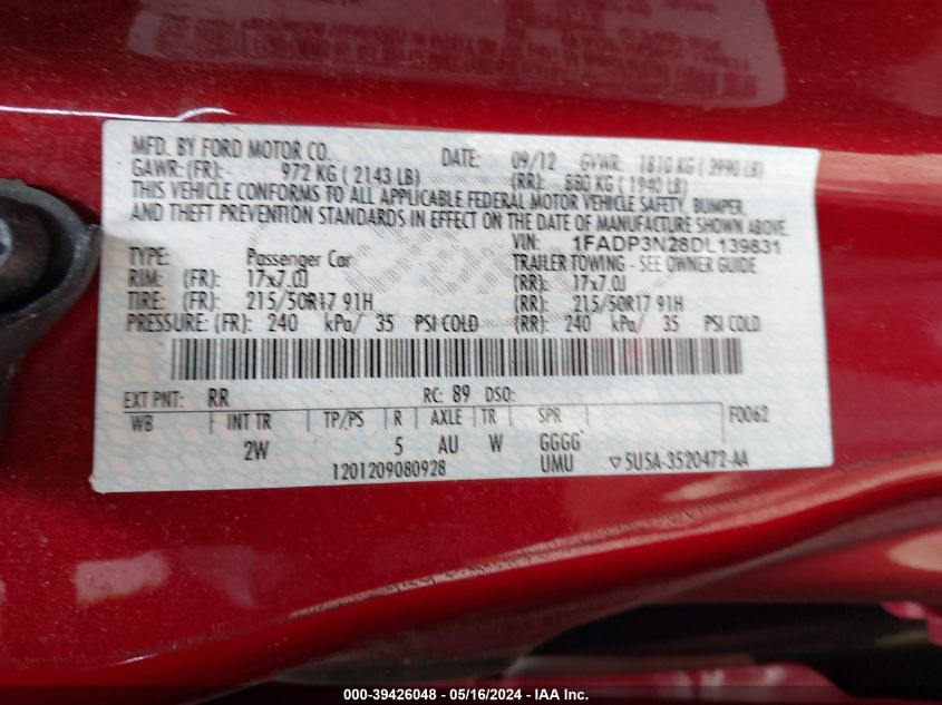 2013 Ford Focus Titanium VIN: 1FADP3N28DL139831 Lot: 39426048