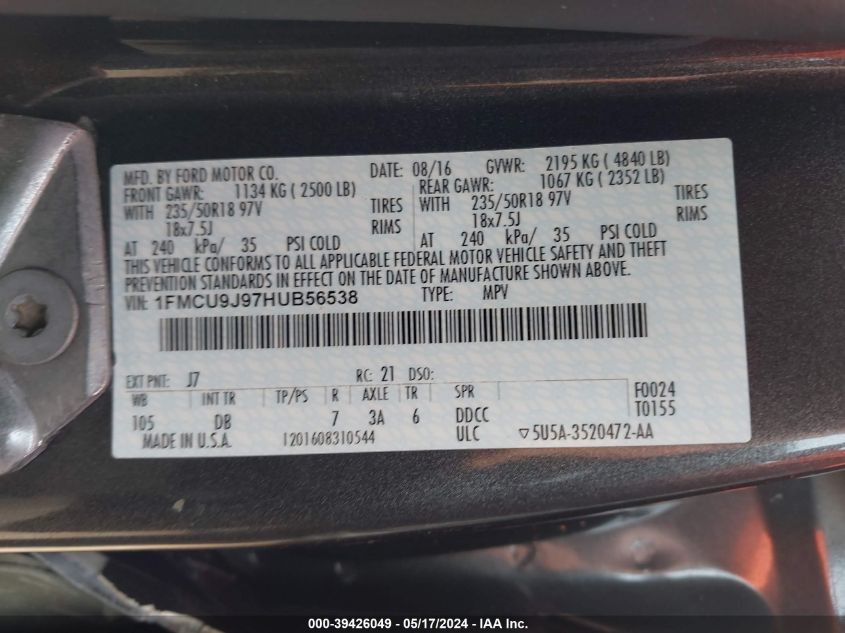 2017 Ford Escape Titanium VIN: 1FMCU9J97HUB56538 Lot: 39426049