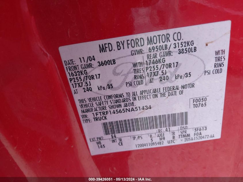 2005 Ford F-150 Fx4/Xl/Xlt VIN: 1FTRF14565NA51434 Lot: 39426051