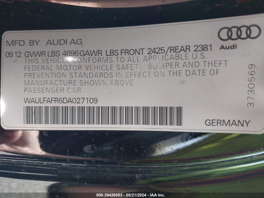 2013 Audi A5 2.0T Premium VIN: WAULFAFR6DA027109 Lot: 39426053