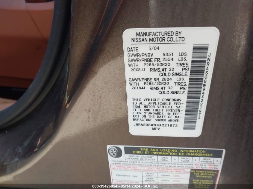 2004 Infiniti Fx35 VIN: JNRAS08W94X221973 Lot: 39426054