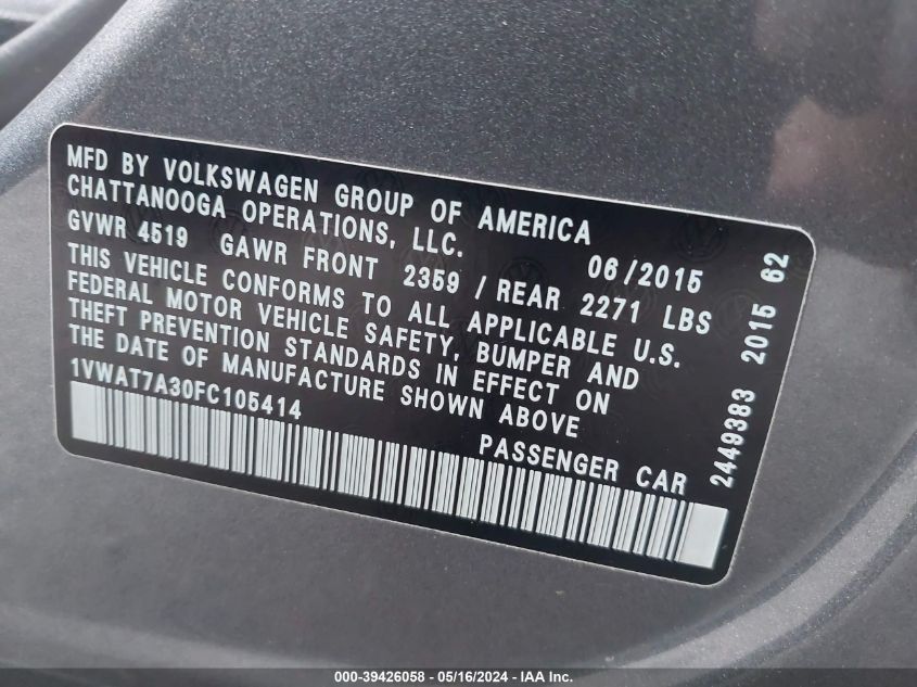 2015 Volkswagen Passat 1.8T Limited Edition VIN: 1VWAT7A30FC105414 Lot: 39426058