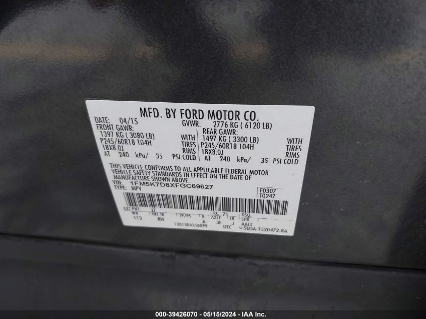 2015 Ford Explorer Xlt VIN: 1FM5K7D8XFGC69627 Lot: 39426070