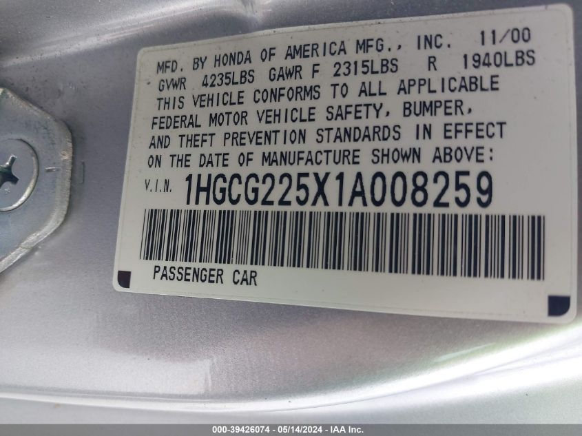 2001 Honda Accord 3.0 Ex VIN: 1HGCG225X1A008259 Lot: 39426074