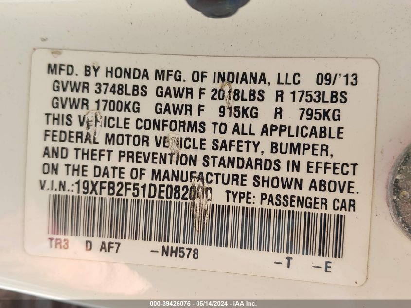 2013 Honda Civic Lx VIN: 19XFB2F51DE082000 Lot: 39426075