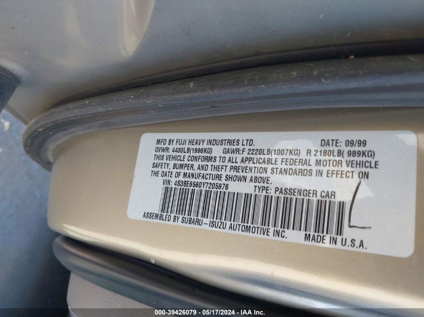 2000 Subaru Legacy Gt Limited VIN: 4S3BE6560Y7205976 Lot: 39426079