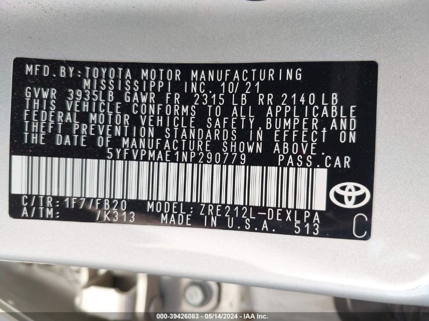 2022 TOYOTA COROLLA LE - 5YFVPMAE1NP290779