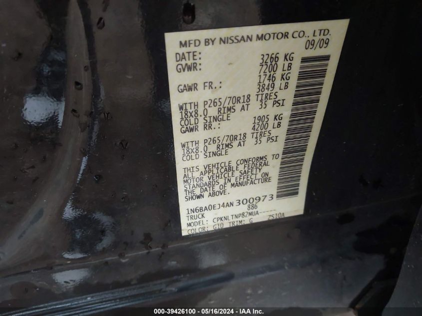 2010 Nissan Titan Se VIN: 1N6BA0EJ4AN300973 Lot: 39426100