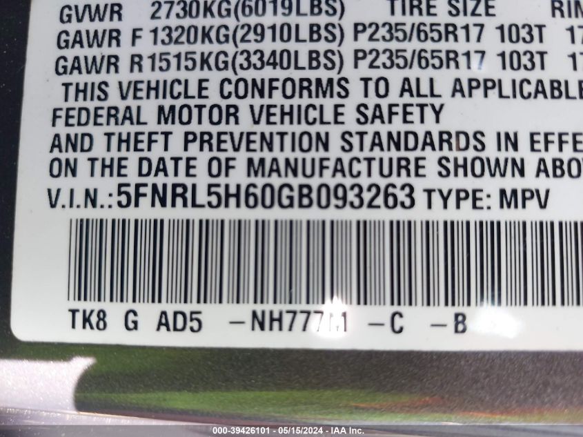 2016 Honda Odyssey Ex-L VIN: 5FNRL5H60GB093263 Lot: 39426101