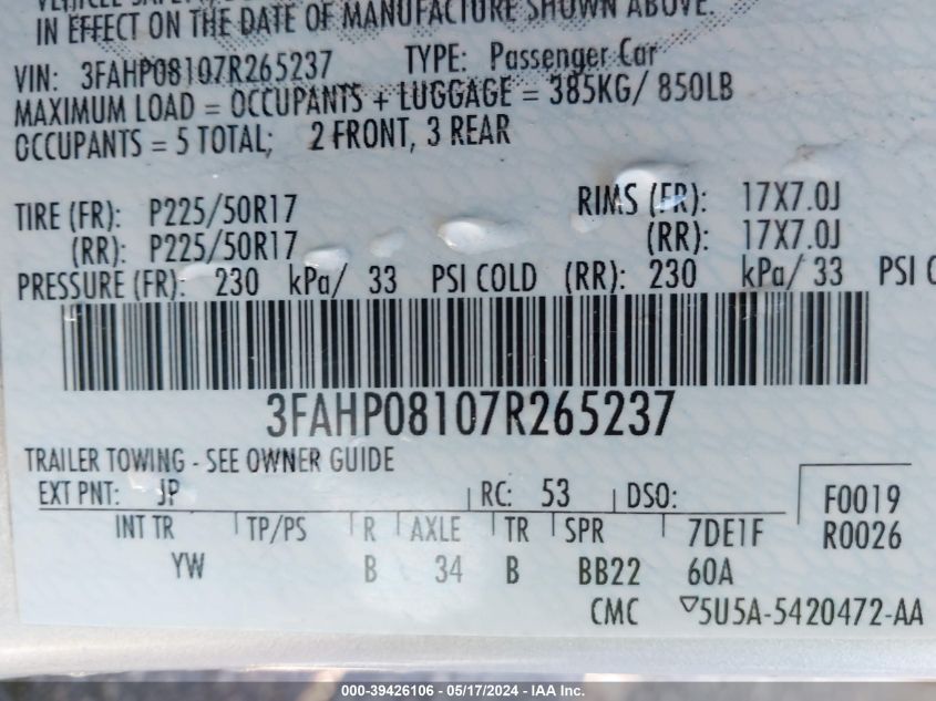 2007 Ford Fusion Sel VIN: 3FAHP08107R265237 Lot: 39426106