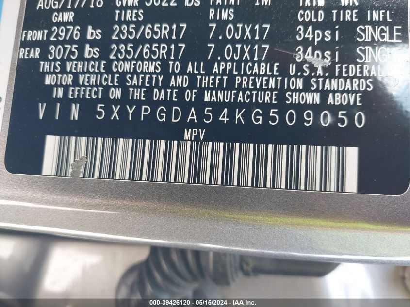 2019 Kia Sorento 3.3L Lx VIN: 5XYPGDA54KG509050 Lot: 39426120