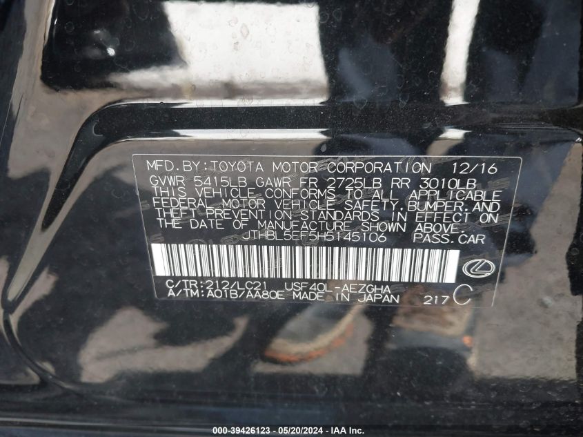 2017 Lexus Ls 460 VIN: JTHBL5EF5H5145106 Lot: 39426123