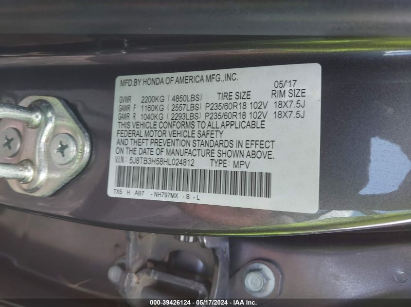 2017 Acura Rdx VIN: 5J8TB3H58HL024812 Lot: 39426124