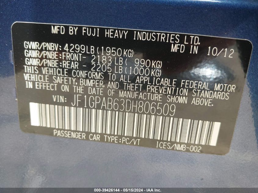 2013 SUBARU IMPREZA 2.0I PREMIUM - JF1GPAB63DH806509