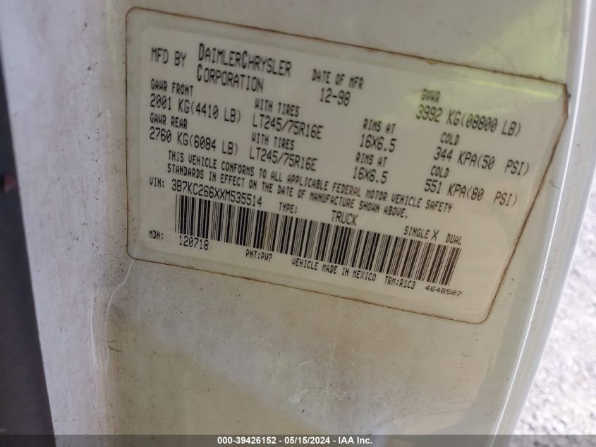 1999 Dodge Ram 2500 VIN: 3B7KC266XXM535514 Lot: 39426152
