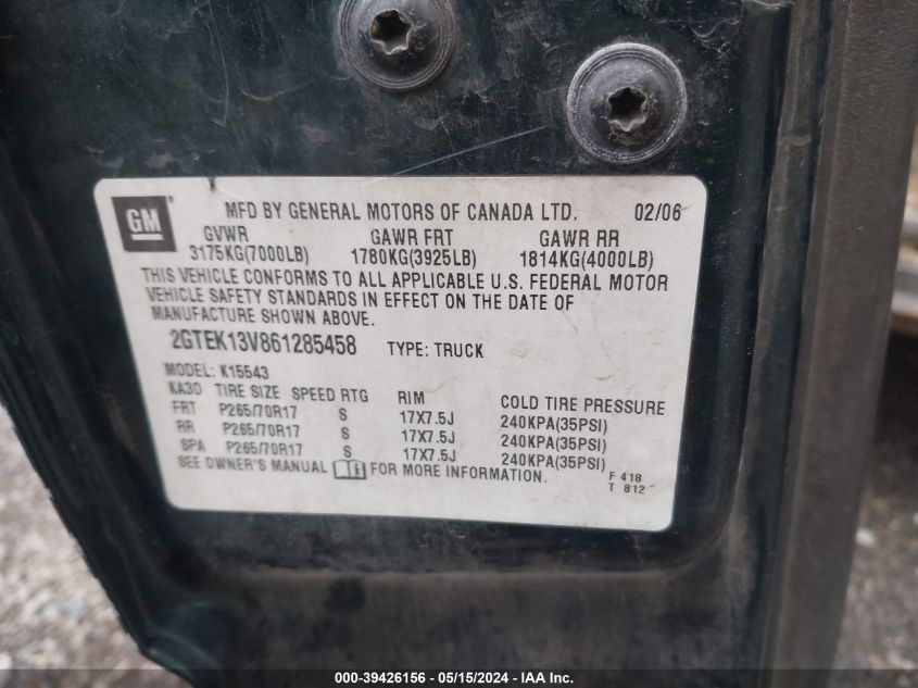 2006 GMC Sierra 1500 Sl VIN: 2GTEK13V861285458 Lot: 39426156