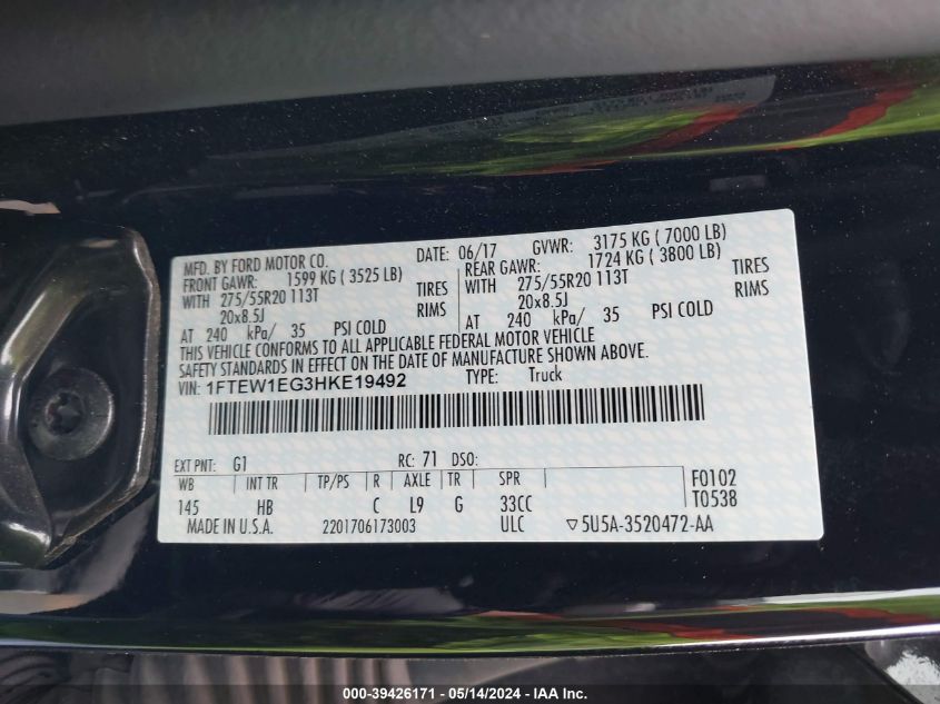 2017 Ford F-150 Lariat VIN: 1FTEW1EG3HKE19492 Lot: 39426171