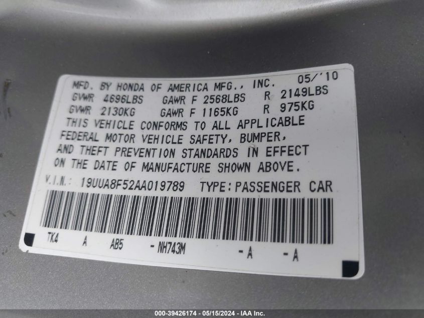 2010 Acura Tl 3.5 VIN: 19UUA8F52AA019789 Lot: 39426174