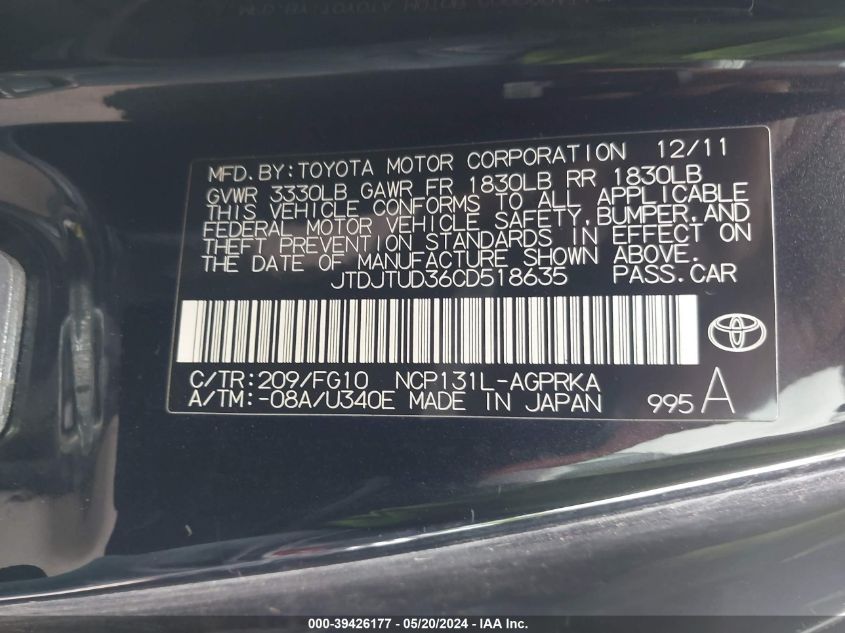 2012 Toyota Yaris Le VIN: JTDJTUD36CD518635 Lot: 39426177